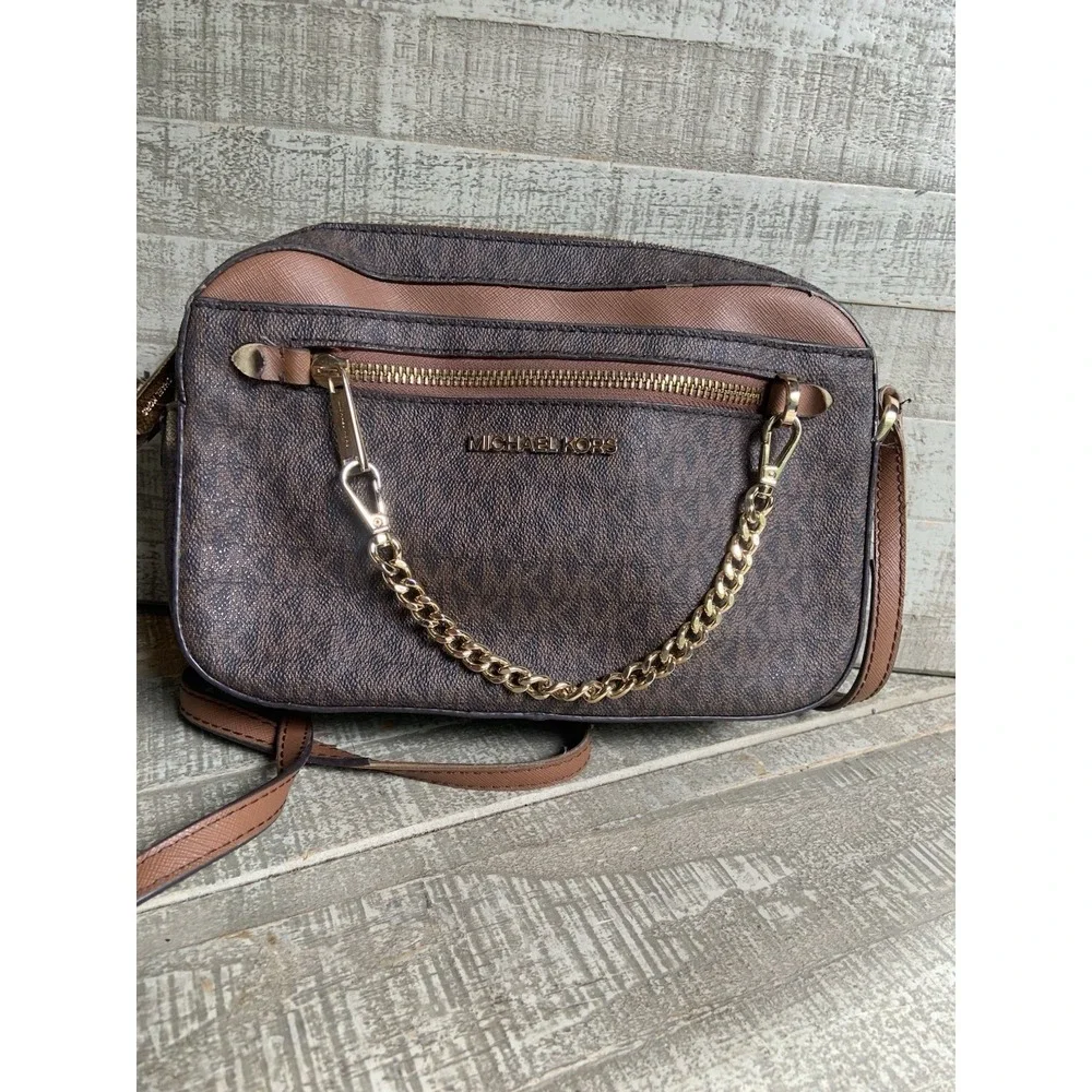 Michael Kors Jet Set Crossbody Bag Shoulder with Large Zip Chain - Brown